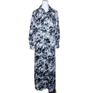 Vintage 70s Shirt Dress Womens Size XL Black White Floral Maxi Dagger Collar